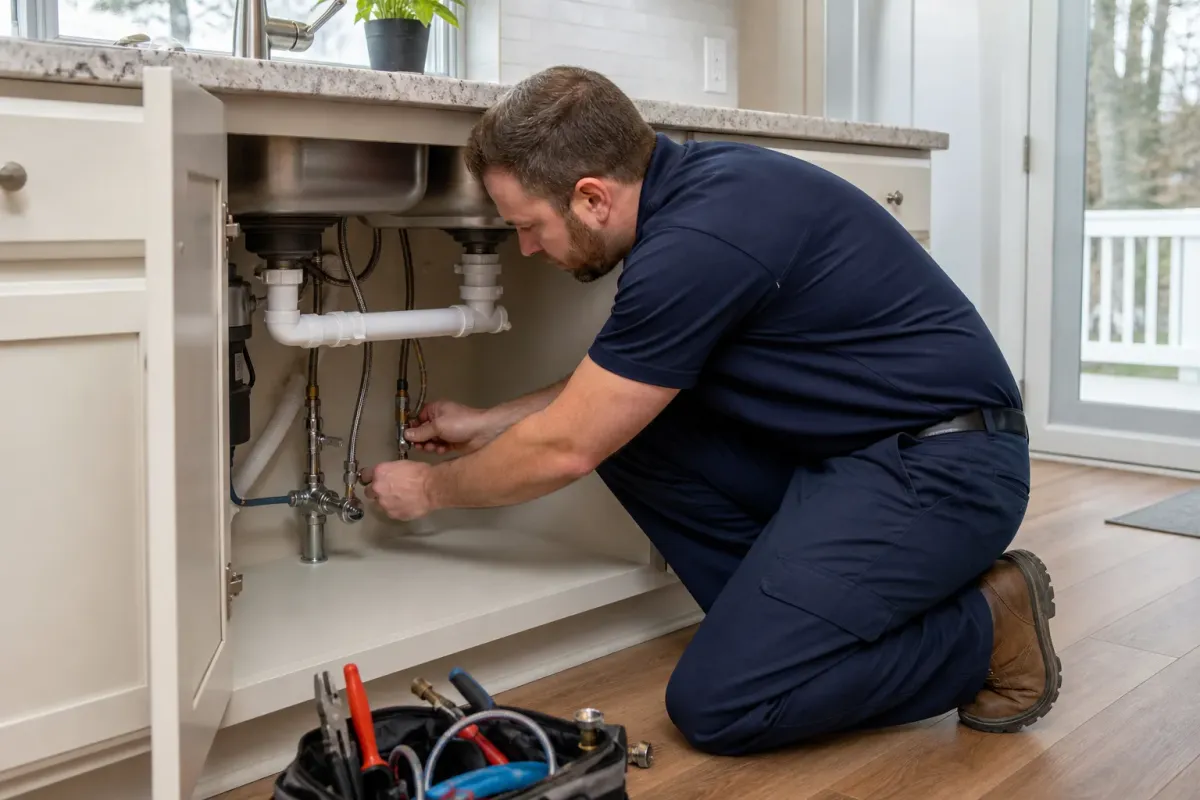 A plumber checking new supply lines and shutoff valves below a kitchen sink in a Dunkirk home