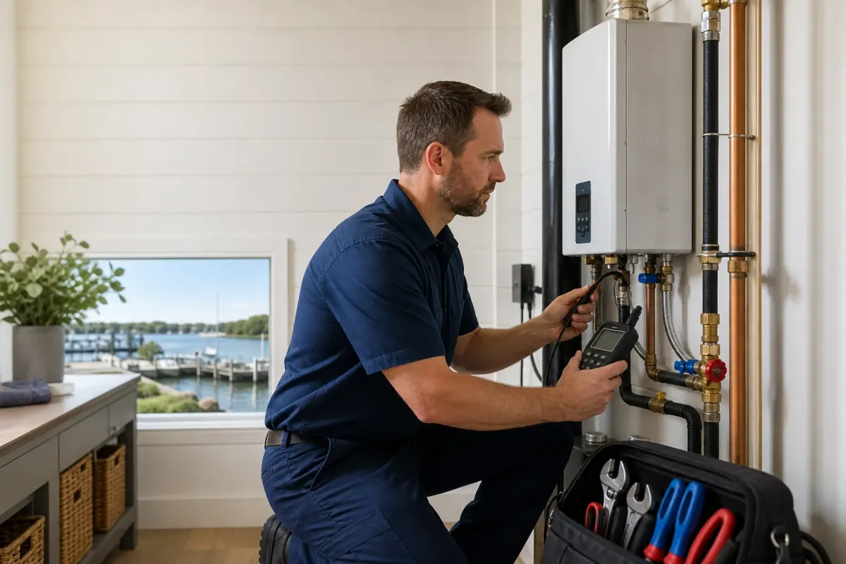 A plumber testing a tankless water heater in a remodeled waterfront-area home in Edgewater
