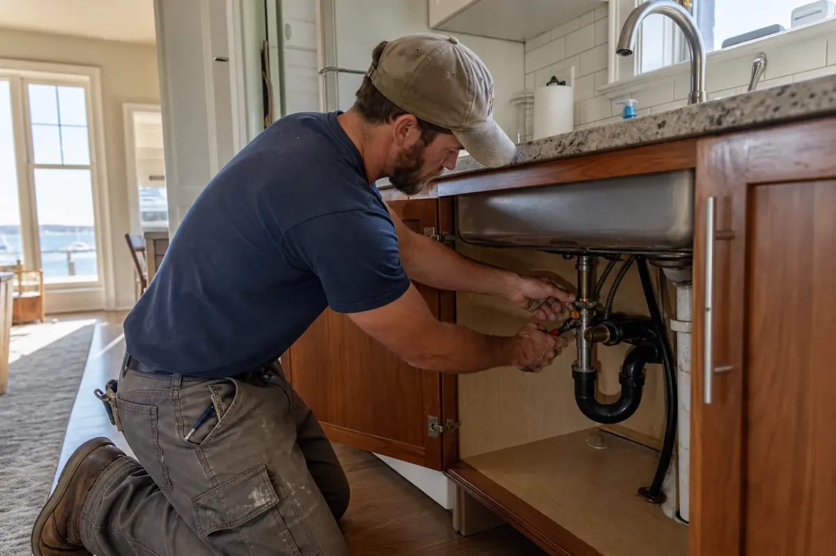 A plumber repairing a supply line beneath a kitchen sink in a North Beach home