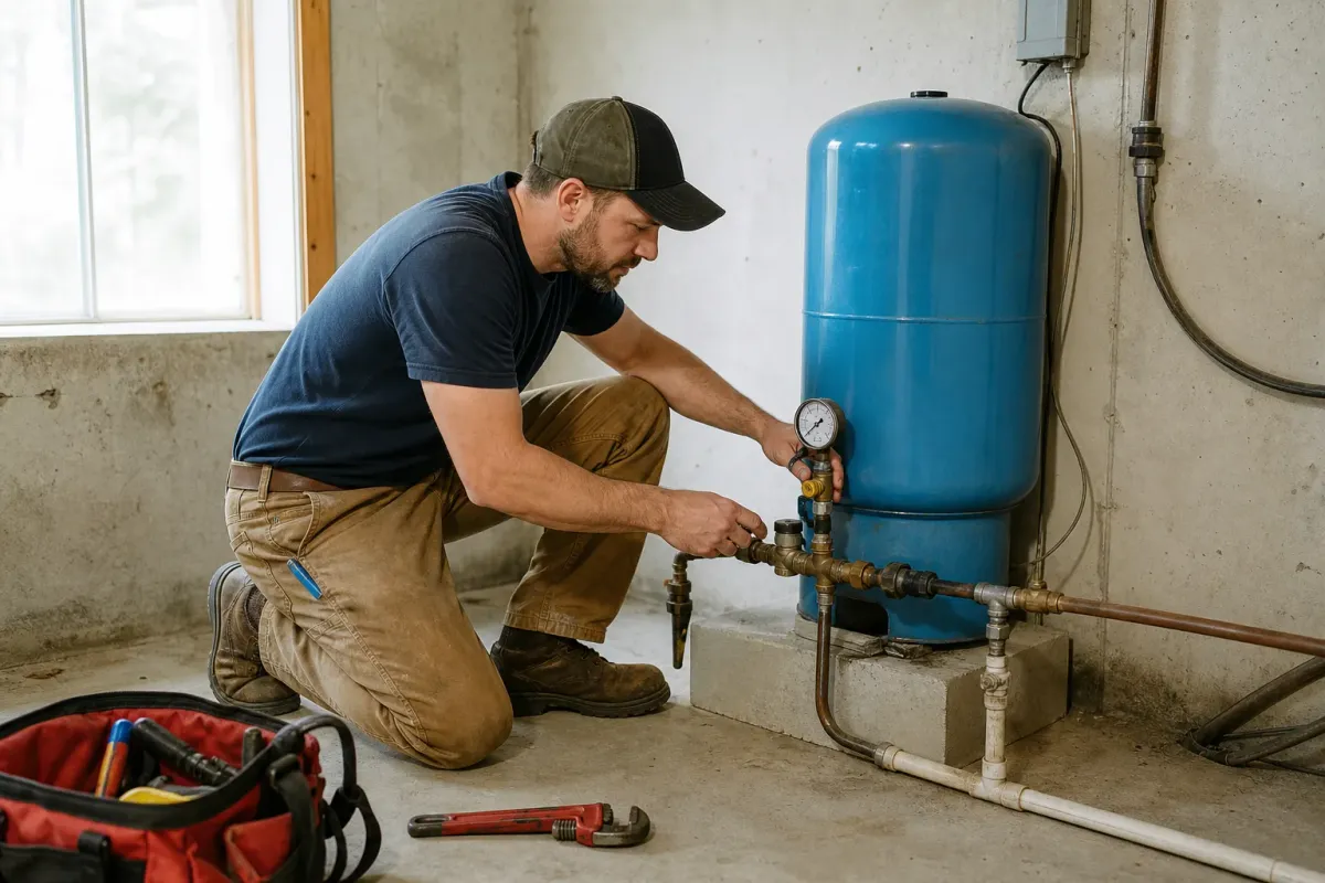 A plumber checking a pressure gauge beside a residential well pressure tank in Owings