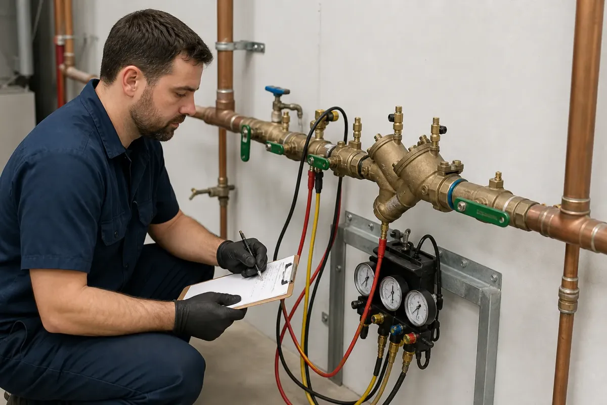 A plumber testing a commercial backflow prevention assembly in a Prince Frederick mechanical room
