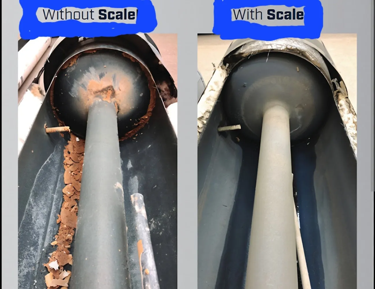 Water heater tank interior comparison: left side without scale (clean), right side with calcium and lime deposits from hard water